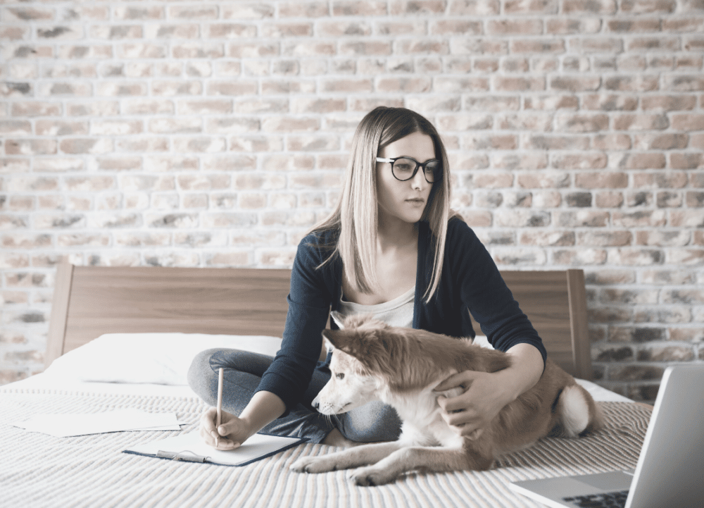 10 team bonding ideas for remote workers. Woman working from home with dog.